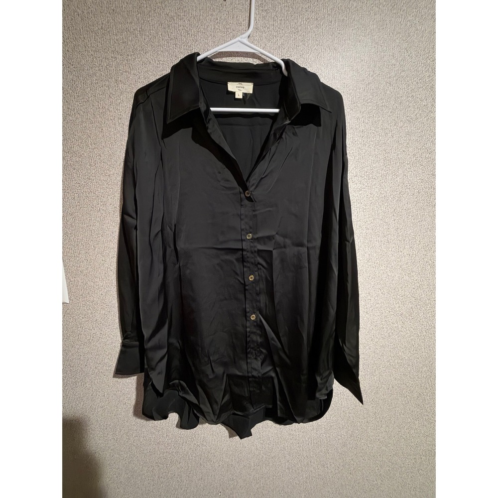 Entro Black Satin Button Down Shirt Gold Buttons Long Sleeve Blouse Womens Large